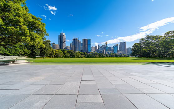 Urban skyline view with modern buildings green park and blue sky architectural landscape photo