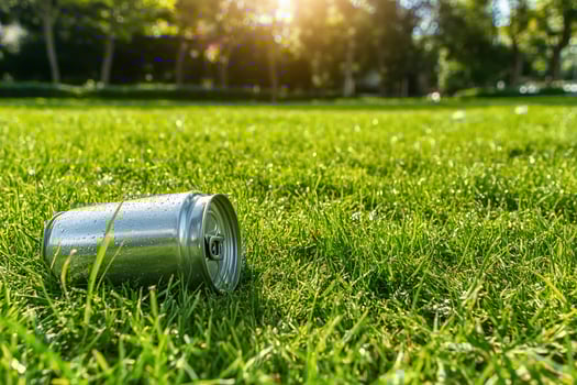 Discarded metal can on green grass illustrating environmental pollution photo