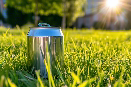 Refreshing drink can in summer green grass under sunlight photo