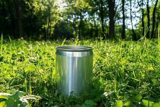 Metal can in green grass nature still life environment concept photo