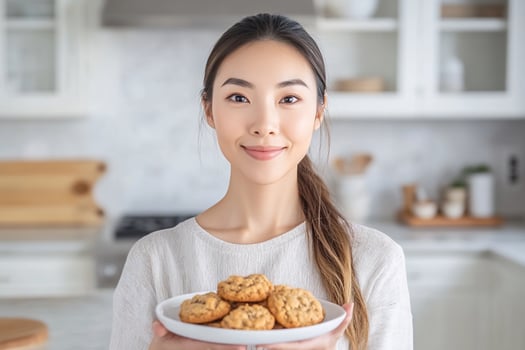 Woman holding plate of homemade cookies in bright kitchen setting photo