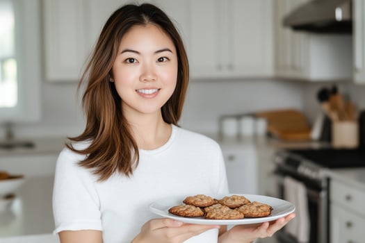 Woman holding plate of homemade cookies in kitchen environment photo