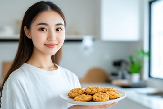 Smiling woman holds plate of homemade cookies in bright kitchen setting photo
