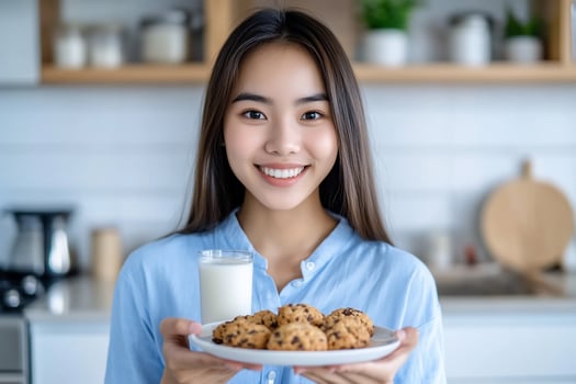 Woman holding cookies and milk glass in kitchen happy lifestyle photo