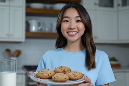 Person holding chocolate chip cookies with milk in bright kitchen setting photo
