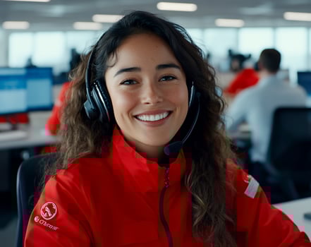 Smiling customer service representative in call center environment photo