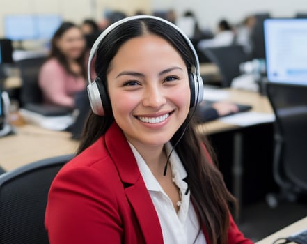 Smiling woman with headphones working in call center or customer service photo