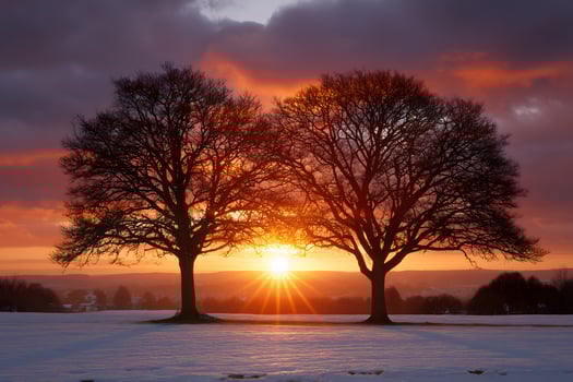 Two large bare trees silhouetted against a vibrant sunset sky winter leafless photo
