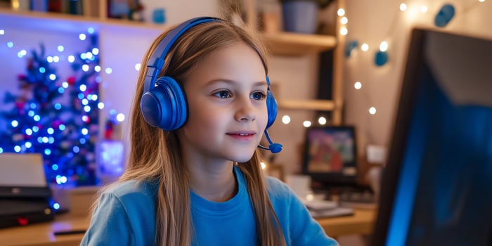 Girl with headphones looking at computer screen with christmas tree lights photo