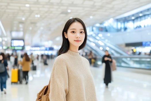 Asian woman traveler in modern airport terminal ready for journey photo
