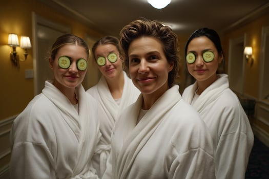 Four women in robes with cucumbers on their eyes photo