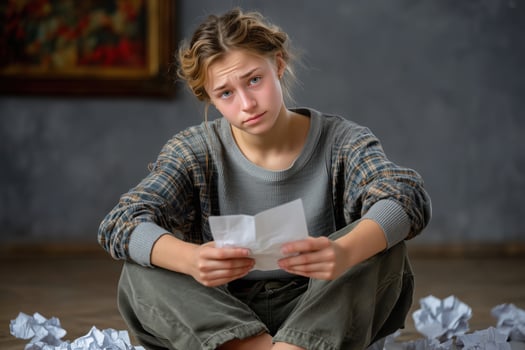 Young Woman Reading Letter With Crumpled Paper Around Her girl photo
