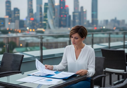 Businesswoman reviewing documents on a rooftop terrace with city skyline image photo
