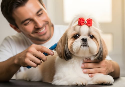 Man grooming cute Shih Tzu dog with red bow on head canine photo
