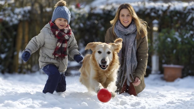 Boy And Woman Playing With Golden Retriever Dog In Snowy Backyard puppy animal photo
