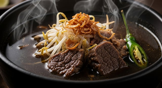 A bowl of beef and noodles with steam coming out of it photo