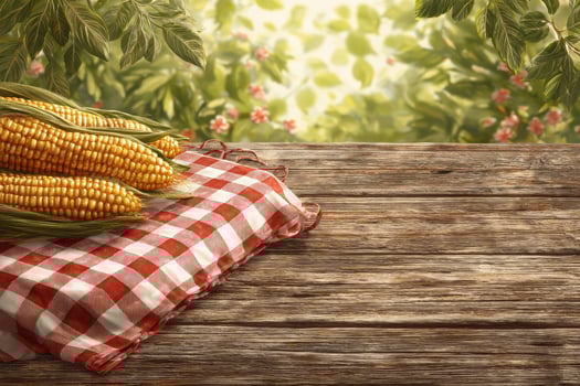Fresh corn is arranged on a red and white checked cloth atop a wooden table. A blurred background of greenery and flowers enhances the natural setting, suggesting a warm, outdoor atmosphere. photo