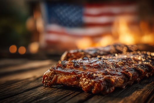 Juicy, grilled barbecue ribs glisten with a rich glaze, resting on a wooden surface. An American flag waves softly in the background, hinting at a summer cookout atmosphere. photo