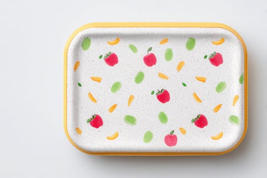 A rectangular serving tray features a playful design with red apples, green leaves, and yellow accents. The tray is set against a clean, white background, highlighting its vibrant colors. photo