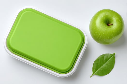A vibrant green apple sits beside a rectangular container with a bright green lid. The meticulous arrangement emphasizes the appeal of healthy eating and snack storage in a clean setting. photo