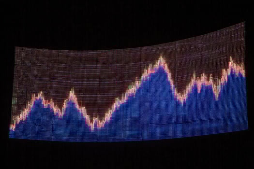 A large digital screen shows a stock market trend with peaks and valleys prominently displayed. The colors blue and pink contrast against a dark background, depicting fluctuations over time. photo