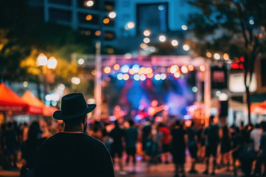 A man wearing a hat stands in the foreground, watching a vibrant music festival at night. The stage lights create a lively atmosphere with a cheering crowd enjoying the performance. photo