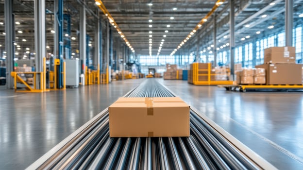 Package conveyor belt large warehouse, showcasing efficient logistics operations photo