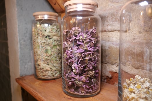 Dried herbs and flowers displayed in glass jars on shelf photo