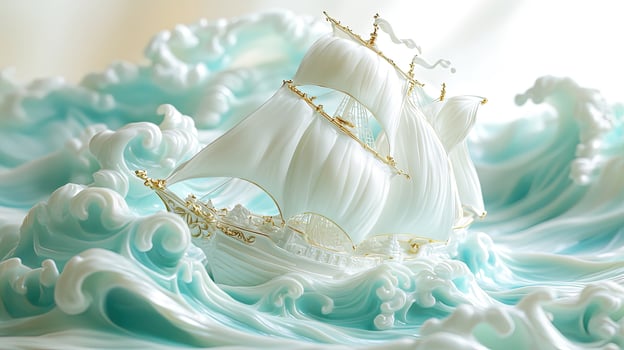 Elegant white and gold ship gracefully navigates through swirling turquoise ocean waves, showcasing artistic detail photo