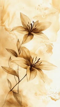 Two beautiful sepiatoned lilies are gracefully displayed with their petals and stems in this floral artwork photo