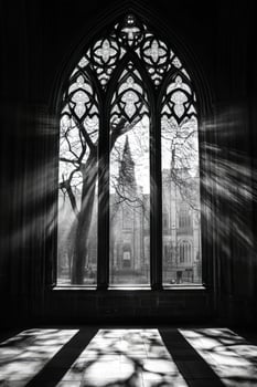Sunlight streams through gothic arched window framing the bare trees and architecture outside the church photo