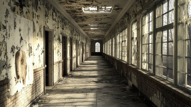 Abandoned asylum shows peeling walls, damaged ceiling, windows and doors in eerie hallway photo