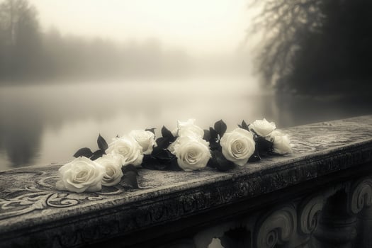 A somber landscape features elegant white roses on an ornate stone balustrade photo