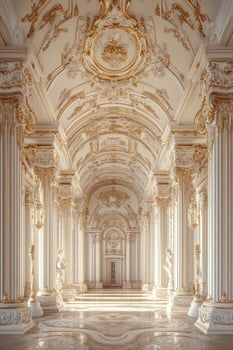 Arched corridor features ivory walls, gold ornamentation, marble flooring, and regal columns photo