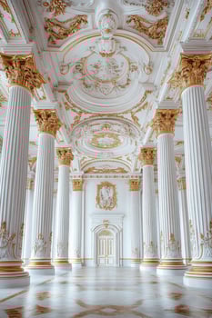 Ornate white columns and gold decorations adorn this grand neoclassical palace hall perfectly photo