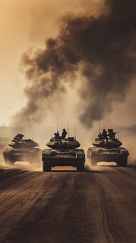 Three military tanks are advancing through a dusty landscape under smokefilled skies photo