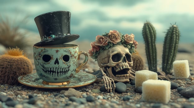 Hat rests atop a skull tea cup beside a flower crown skull among cacti photo