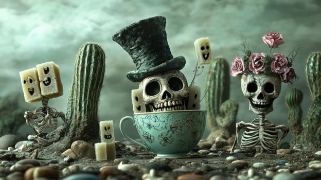 Sugar cube skeletons beside skulls with floral crowns and a skull in a cup photo
