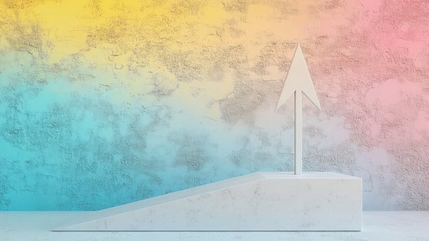 A white arrow points upward from a white pedestal against a colorful wall photo