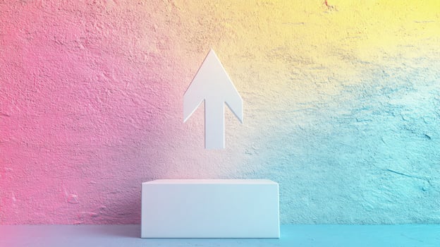 White arrow points upwards over minimalist podium against a colorful textured wall photo