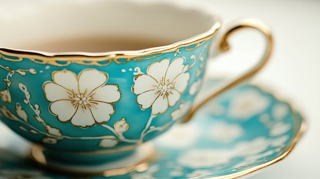 Elegant teacup filled with tea features turquoise floral pattern and shimmering gold trim detail photo