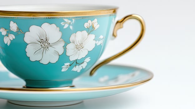 Elegant turquoise teacup displays beautiful white floral pattern and a gold rim, poised on a matching saucer photo