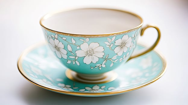 Elegant porcelain teacup and saucer display a delicate floral pattern with shimmering gold trim photo