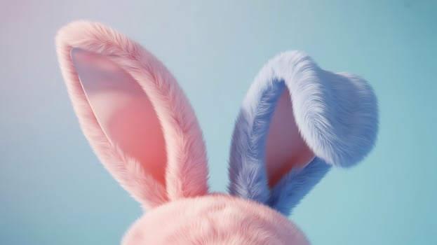 Close up of fluffy pink and blue bunny ears against a soft background photo
