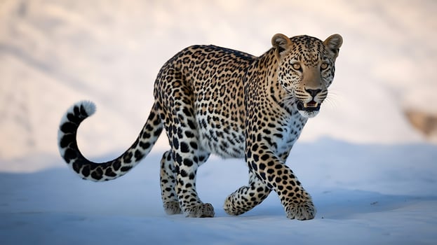 Leopard walking in the snow during daytime photo