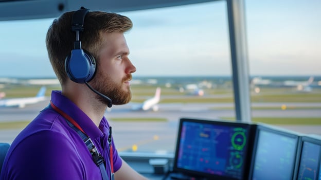 Air traffic controller working in tower overseeing flight operations photo