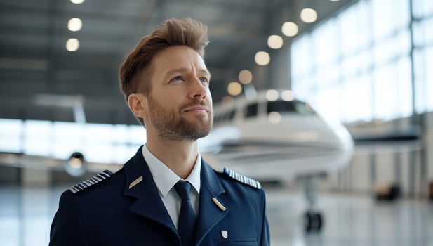 Airline pilot in uniform posing in airplane hangar photo