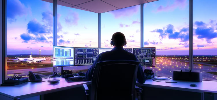 Air traffic controller working in airport control tower with multiple monitors photo