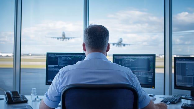 Airport control tower operator overseeing airplane landing from monitoring station photo