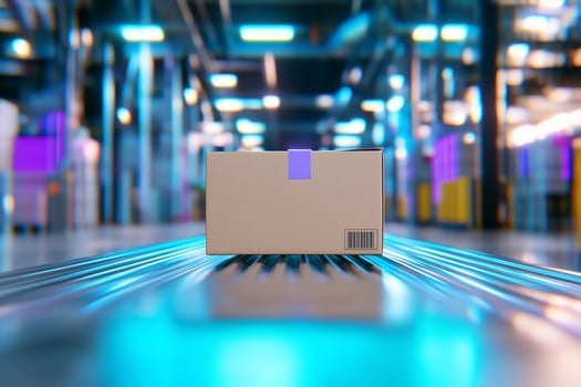 Automated shipping and distribution with cardboard box on conveyor belt photo